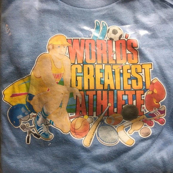 Worlds Greatest Athlete VTG T Shirt Iron On Graphic Small Light Blue 1980s - Picture 1 of 4